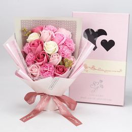 18Pcs/set Valentines Day Artificial Boutique Rose Carnation Mix Up Fake Flower Set with Gift Box Birthday Celebration Gift Box 240313