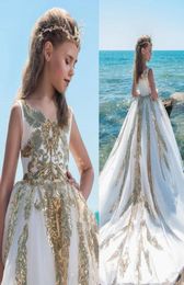 Shining Sequins Appliques Girls Pageant Gowns White And Gold Long Train Flower Girl Dresses For Wedding Baby Birthday Party Dress9305811