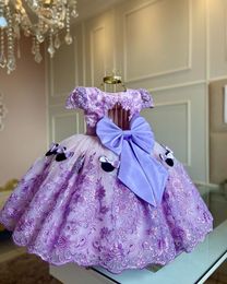 Lovely Purple Lace Ball Gown Flower Girl Dresses Jewel Neck Cap Sleeves Bow Applique Tiered Tulle Lilttle Kids Prom Birthday Pageant Weddding Gowns Custom