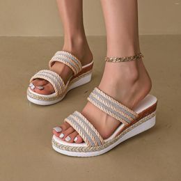 Ladies 693 Slippers Summer Casual Colour Blocking Soft Leather Woven Straw Bottom Thick Slope Heel Large Size Sandals 75727