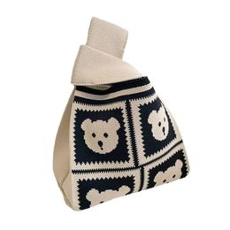 Handbag Women's Knitted Wool Bucket Japanese and Korean Hand Carrying Casual Tote Lunch Bag Bear