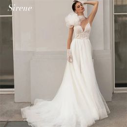 Elegant Wave point 3D Flower Tulle Wedding Dress Illusion V-Neck A-Line Spaghetti Button Open Back With Bow Bridal Gowns YD
