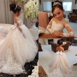 Stock Spitze Tüll Blumenmädchen Kleid Bögen Zurück Mädchen Erstkommunion Kleider Prinzessin Ballkleid Hochzeit Party Kleid FS9780