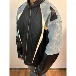 Men's Jackets American Retro Street PU Leather Jacket Men Korean Version Spring Trend Contrasting Colour Zipper Loose Stand-up Collar