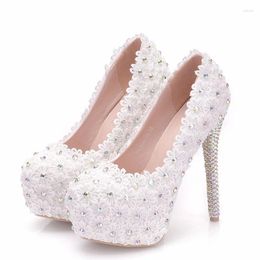 Dress Shoes Spring White Rhinestone Lace Platform Banquet Bridal Wedding Stiletto High Heel Round Toe Large Size Women's