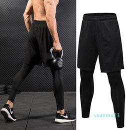 WholeFake Two Piece Compression Pants Men Shorts And Leggings Sportswear Gym Fitness Tight Sports Trousers Quick Dry Men0393241539