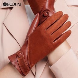 BOOUNI Genuine Leather Gloves Fashion Women Suede Sheepskin Glove Thermal Winter Velvet Lining Driving Gloves NW563 Y191109257L