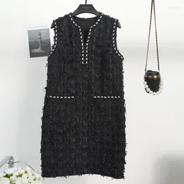 Casual Dresses French Small Fragrance Black Dress Women Contrast Lace Weaving Loose Simple Korea Chic High Quality Sleeveless Tweed Mini