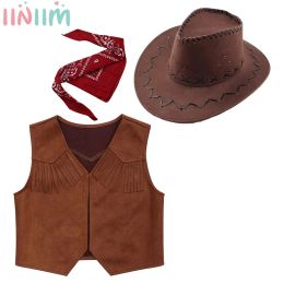 Hats Kids Boys Girls Western Cowboy Fringe Sleeveless Vest with Bandanna Hat Cowgirls Fancy Dress Up Halloween Cosplay Party Costume