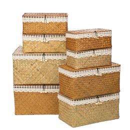 Baskets Wicker Basket with Lids Nautral Seagrass Storage Box Basket Woven Rectangular Bins Container Rattan Storage Kitchen Organiser