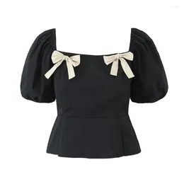 Women's Blouses Boho Inspired Top Black Sqaure Neck Puff Sleeve Ruffled Hem Blouse Women Bow Tied Cute Elegant Summer Tops Cropped