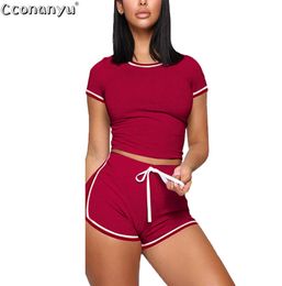 Women Short Sleeve Set 2 Piece Summer Casual Seamless Sport Suit Gym Clothes Crop Top Shirt High Waist Shorts Sportswear4389082