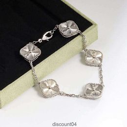 925 Sterling Silver Charm Bracelet for Women 2 Sided Inlaid Onyx Jade Chalcedony Womens Designer Fine 5 Flower Four Leaf Clover Jewelry Daily Gift6xsu