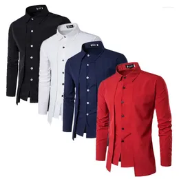 Men's Casual Shirts 2024 Men Solid Color Lapel Shirt Black / Red Navy Blue White Unique Design False Two Piece