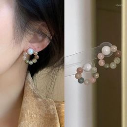 Stud Earrings Chinese Style Colourful Jade Circle 2024 Simple Luxury Crystal Beads Female Temperament Wholesale