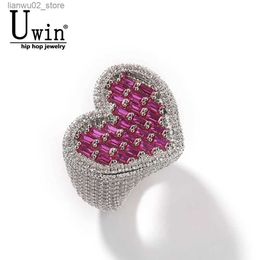 Wedding Rings Uwin Heart Ring Wide French Bread Full Square Cubic Zirconia Hip Hop Ring Exquisite Punk Jewelry Q240315