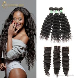 Unprocessed Brazilian Virgin Human 3 Hair Bundles With 4x4 Closure Deep Wave 1B Colour Wedding Online Vendors Queenlike 7A Silver G6967838