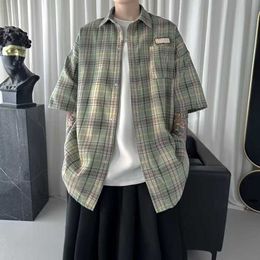 Loose Chequered short sleeved shirt for mens summer thin and versatile half sleeved clothing Korean style trendy shirt jacket