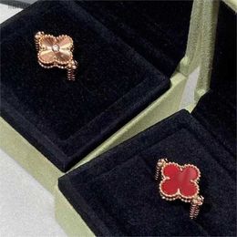 Wedding Rings 18k gold luxury clover brand designer rings for women girls nice rotate double side red stone diamond clovers flower laser love ring anillos Q240315