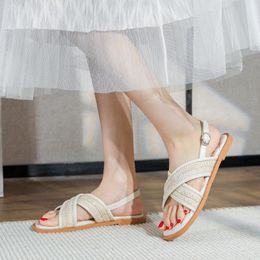 Novo estilo pequeno vento perfumado sandálias moda antiderrapante usando sandálias de cinto cruzado sandálias planas mulheres verão c48C #