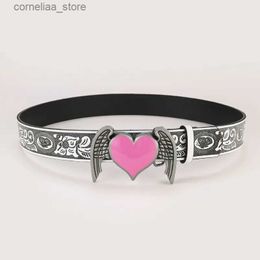 Belts Pink Love Wings Belt Fashion Lady Peach Heart Pu Leather Jeans Belt national style personality retro beltY240315