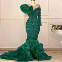 Arabic Aso Ebi Green Lace Mermaid Prom Dresses a maniche lunghe al collo Plus Size Formale Secondo ricevimento