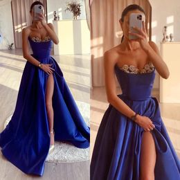 Elegante linea A blu royal abiti da ballo perline innamorato abiti da sera pieghe fessura formale lungo occasione speciale vestito da festa YD
