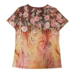 Women's Blouses Loose Fit Printed Tee Ethnic Style Floral Print Summer T-shirt Collection O-neck Short Sleeve Tops Henley V For Women