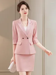 Women's Two Piece Pants Spring 2024 Half Sleeve Solid Color Fashion Formal Wear Black Work Uniforms Pink Skirt Suit