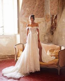 Bohemian Women's Bridal Gowns Gorgeous Sexy Off Shoulder High Split Lace Aline Wedding Dresses Formal Beach Party Robe