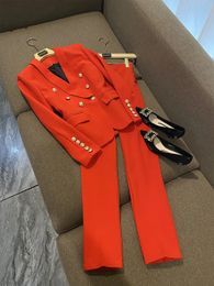 JUNE LIPS Designer Beige Black Red Blazer Suit Set Womens Classic Shawl Collar Lion Buttons Double Breasted Blazer Pants Suits 240304