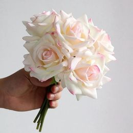 5Head Curl Edge Rose Bunch Moisturizing Real Touch Rose Bouquet Wedding Bridal Bouquet Artificial Flowers Home Party Event Decor 240315