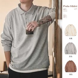 Maden Spring Vintage Oversize Polo Shirts for Men Business Casual Solid Colour Long Sleeve T-shirt Stylish Lapel Plain Tops 240305