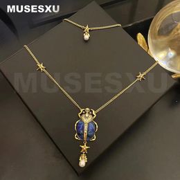 Jewellery Accessories Blue Glazed Stone Golden Beetle Pearl Pendant Star Double Chain Necklace For Womens Party Gifts 240311