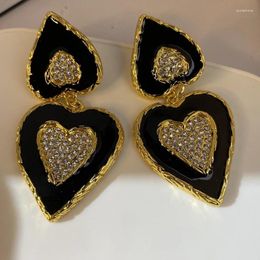 Stud Earrings 2024 Fashion Black Agate Heart Shape Ear Drop Dangle 18K Gold Plated Zirocns CZ Double Chunky Earring Jewelry