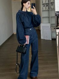 Woman Bow Unique Denim blouses 2024 Spring Autumn With Button Fashions Simple Casual Loose Shirt Female Patchwork Petticoat 240229