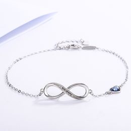 Bracciale classico dal design classico in argento 925 con anello Membius a forma di cuore, braccialetto infinito, a forma di cuore, con pietra di cristallo, decorazione a mano