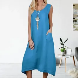 Casual Dresses Resort Style Dress Summer Beachwear Long With Irregular Hem Double Big Pockets For Women Solid Color Sleeveless