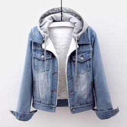 Winter Jacket Detachable Hat Flap Pockets Thermal Plus Size Denim Lady Coat for School 240309