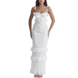 Lace Long Dresses White Low Cut Spaghetti Strap Sleeveless High Split Long Dresses y2k Aesthetic Dress Women Party Clubwear 240311