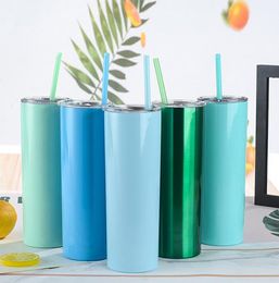 20oz Skinny Tumbler Cups Colorful Stainless steel Vacuum Insulated Straight Slim Bear Coffee Water Mugs Bottle Straws Cups 0104HOM5812161