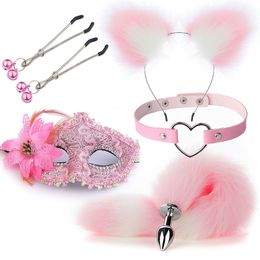 5Pcs/Set Fox Tail Butt Plugs Women Anal Sex Toys Nipple Clamps Necklace Plush Cat Ear Headband Set Sex Toys for Couples