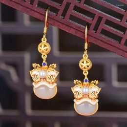 Dangle Earrings Natural Hetian Jade Enamel Lion Dancing For Women Chinese Style Inlaid With Ancient Gold Craftsmanship Classic Jewelry