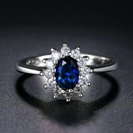 Princess Kate Blue Gem Created Blue Crystal 14K White Gold Wedding Finger Crystal Ring Brand Jewelry for Women