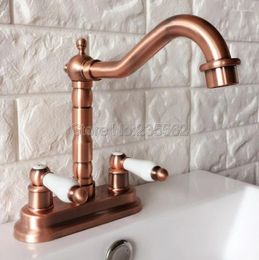 Bathroom Sink Faucets Antique Red Copper Swivel Spout Basin Faucet Kitchen Dual Handle Hole Cold Water Mixer Taps Lrg043