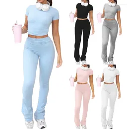 Women's Two Piece Pants Women 2 Lounge Sets Low Waist Crew Neck Pajamas Short Sleeve Top Flare Daily Outfit Yoga Sports