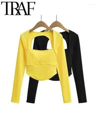 Women's T Shirts TRAF GAL 2024 Spring Fashion Women Cut Out Back Short Tees Long Sleeve Backless Square Collar T-Shirt Female Skinny Crop