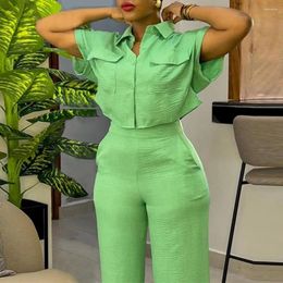 Women's Two Piece Pants Commuter Short-sleeved Top Trousers Set Breathable Lightweight Suit Two-piece Shirt With Turn-down For Work