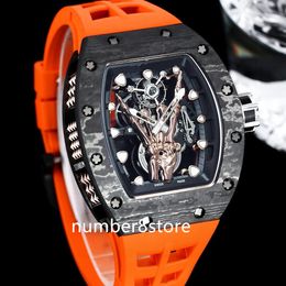 RM66 Carbon Fiber Sports Mens Watch Swiss Quartz Skeleton Dial Tonneau Wristwatch Sapphire Crystal Waterproof Luxury Watches Orange Rubber