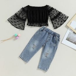 Toddler Baby Girl Fashion Outfits Long Sleeve Off Shoulder Mesh Dots Print Tops Ripped Jeans Set Children Clothes Suit 240314